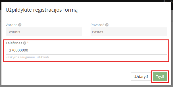 telefono numerio įvedimo langas